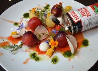 Deconstructed Heirloom Tomato Salad with Goat Cheese Panna Cotta and Agar Tomato Gel