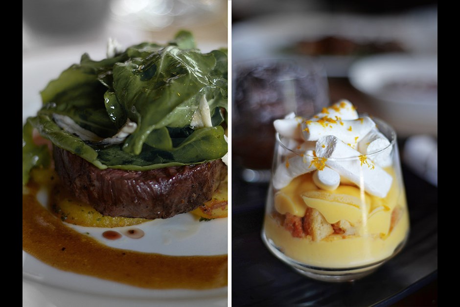 Grilled tenderloin with butter fried potatoes, rocket and anchovies / Upside down lemon pie at Long Bar