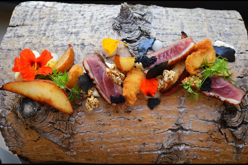 Pan Roasted Duck Breast with Fermented Pear, Pear and Parsnip Puree, Charcoal Meringue, Savoury Granola and Parmesan Gel