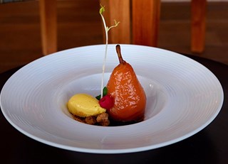 Cajeta and Ginger Poached Pear