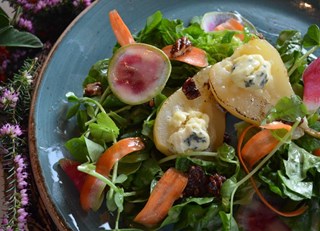 Champagne Poached Pear Salad with Beddis Blue Cheese & Pecans