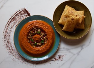 Mohammarah - Roasted Red Pepper and Walnut Mezze with Chickpea Tofu Sumac Crackers
