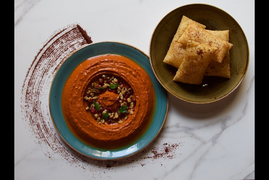 Mohammarah - Roasted Red Pepper and Walnut Mezze with Chickpea Tofu Sumac Crackers