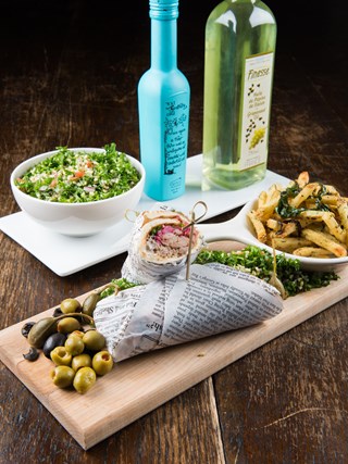 Duck confit Shawarma with Za’atar fries and Traditional Tabouleh