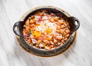 Chickpea Shakshuka with Farm Fresh Eggs, Aleppo Chili and Zugh