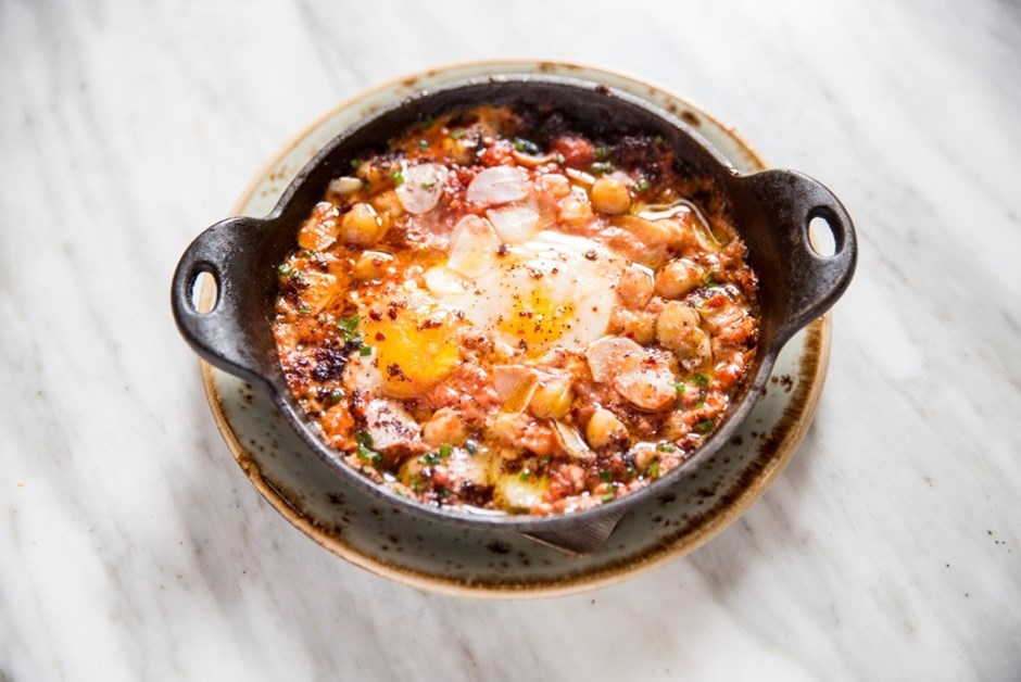 Chickpea Shakshuka with Farm Fresh Eggs, Aleppo Chili and Zugh