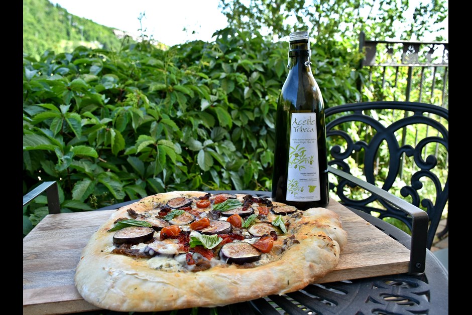 Focaccia Bread Pizza with Duck Confit, Figs, and Roquefort Cheese             