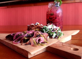 Smoked Tri-Tip with Tomatillo BBQ Sauce and Pickled Red Onions & Blackberry Prosecco Mojito