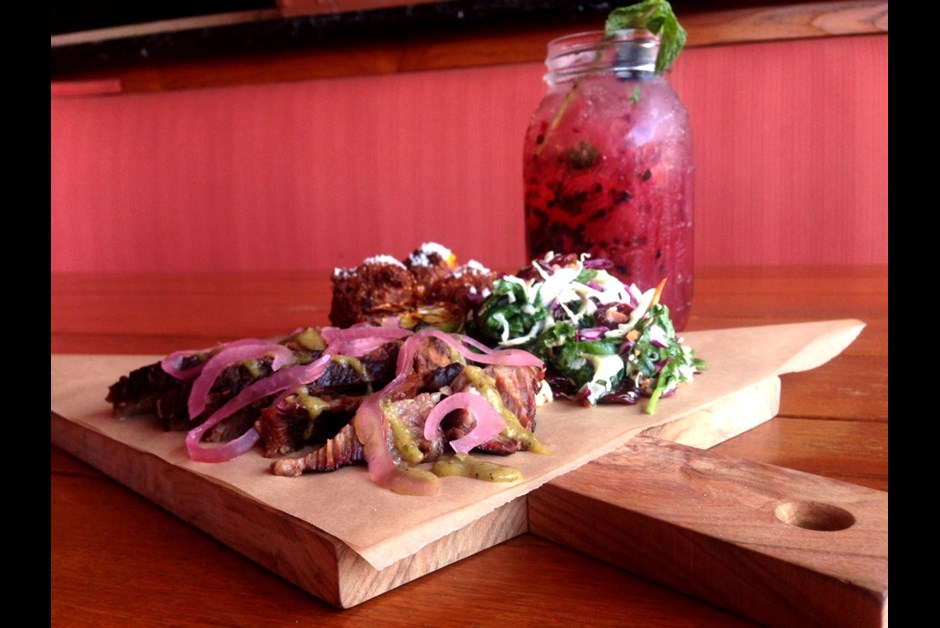 Smoked Tri-Tip with Tomatillo BBQ Sauce and Pickled Red Onions & Blackberry Prosecco Mojito