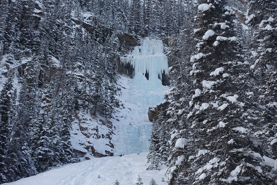 A frozen waterfall sparkles at the end of the Lake