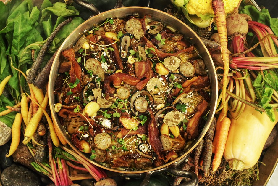 Hasselback Potato Gratin with Roasted Turkey Sausage and Truffle