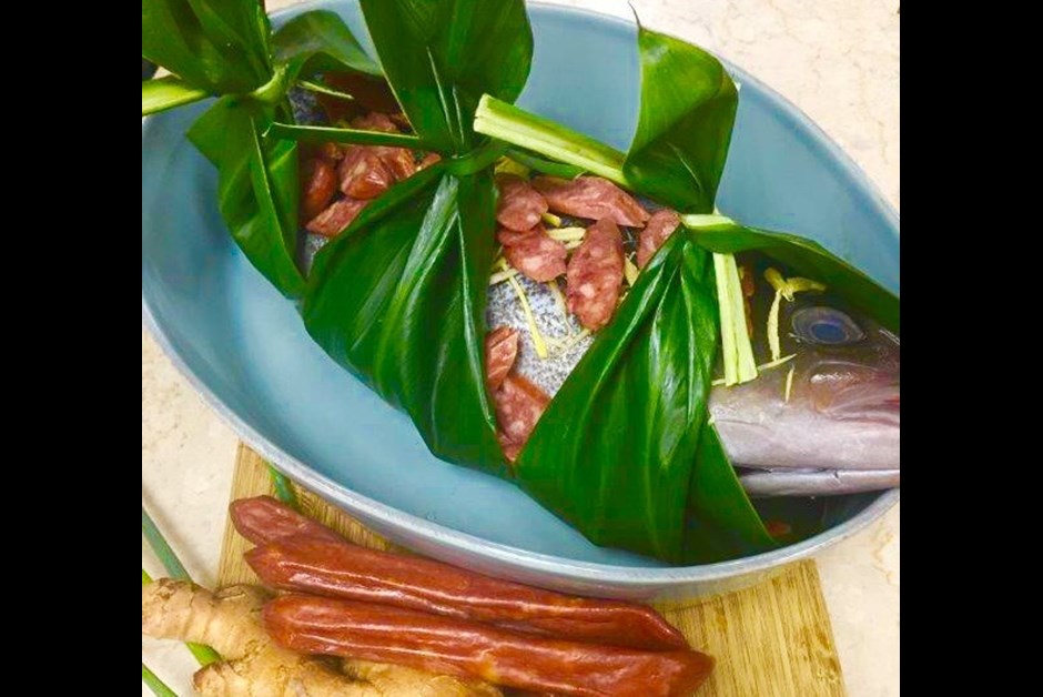 Ginger-Steamed Kona Kampachi with Chinese Sausage