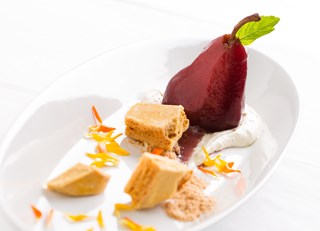 Festive Poached Pears with Sponge Toffee