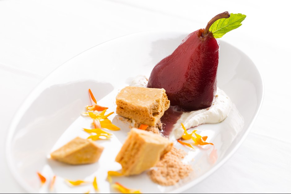 Festive Poached Pears with Sponge Toffee