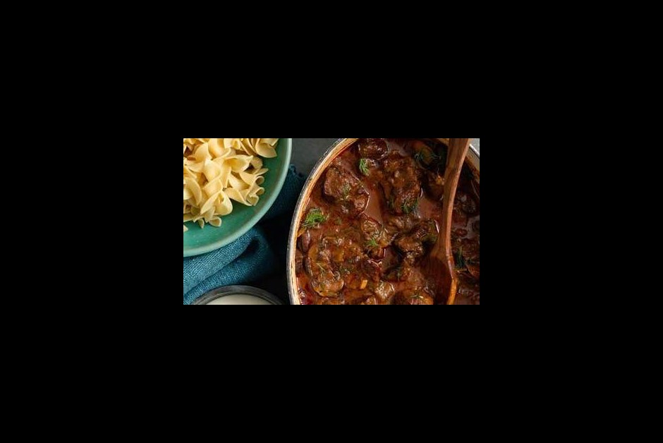 BEEF GOULASH WITH BUTTERED NOODLES